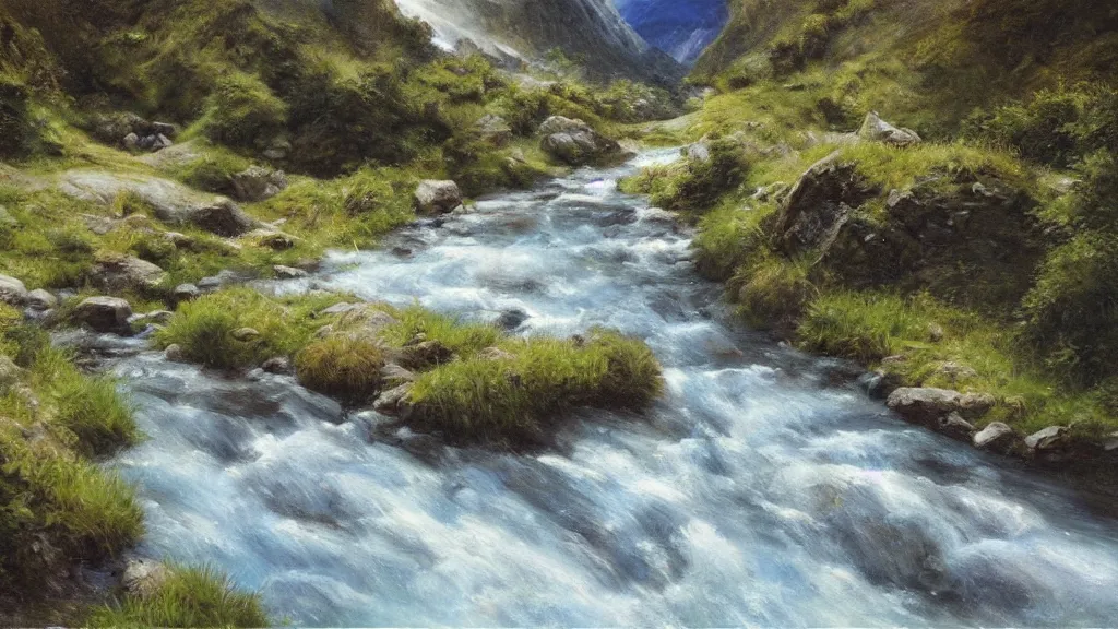 Prompt: High-Quality realist painting of a river crossing a valley in the Alps, peaceful, very detailed, dramatic lighting, digital art.