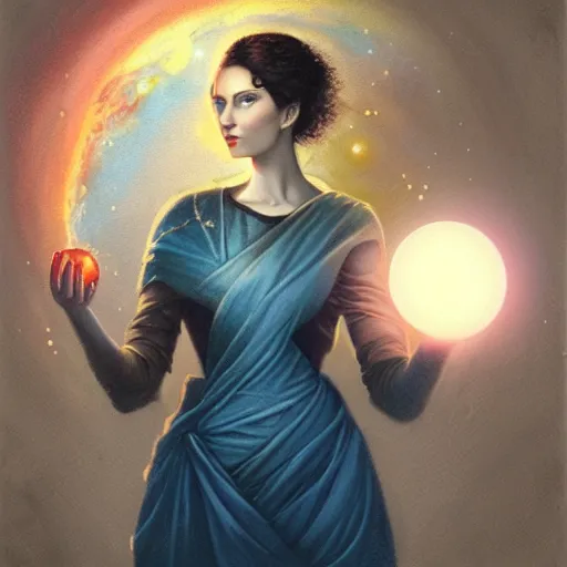 Image similar to the designer of the universe, woman holding a bright ball in her hand, in the style of tom bagshaw