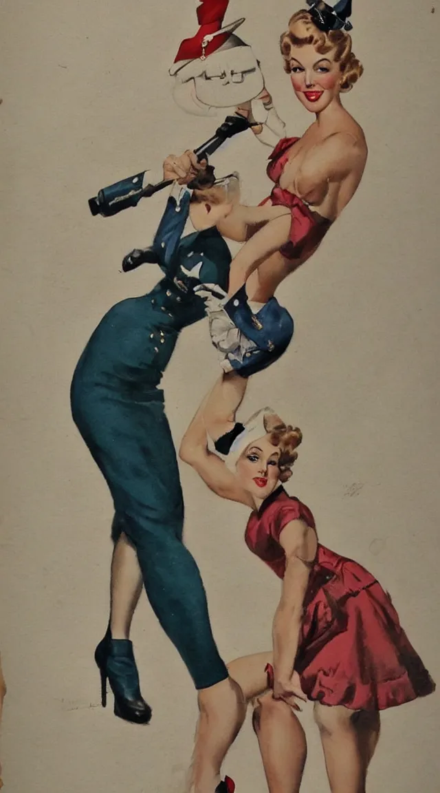 Image similar to a portrait full body pin up post war dressing a military unioform,water color, Gil Elvgren style