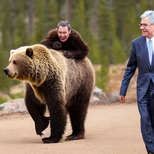 Image similar to jerome powell riding a grizzly bear