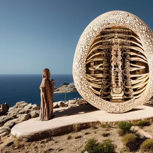 Image similar to a gigantic paleolothic torus made of stone with highly detailed carvings of intricate shamanic robotic electronics and circuitry, in a mediterranean lanscape, inside a valley overlooking the sea, in the style of michael karcz