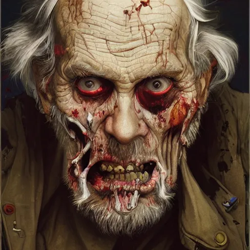 Image similar to elderly zombie man tearing off his face, intricate, art by artgerm and greg rutkowski and alphonse mucha and william - adolphe bouguereau, high detailed, 4 k,