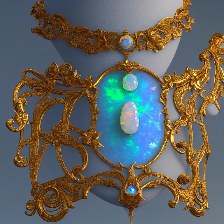 Image similar to historical, art nouveau, ornate, delicate, opals and cyan gemstone choker, glowing inside, shiny gold, octane render, realistic, dramatic light, 3 d, photograph 4 k,