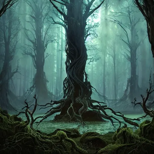 Prompt: A beautiful detailed concept art of a dark mythical forest, misty, ominous, thick giant trees, gnarled roots, digitally painted, looks like it's from elden ring and bioshock, by Pixar, dan mumford, beeple, sparth, andreas rocha john howe, Martin Johnson Heade, featured on artstation, cinematic lighting, during the day, concept art, landscape photography composition, f16