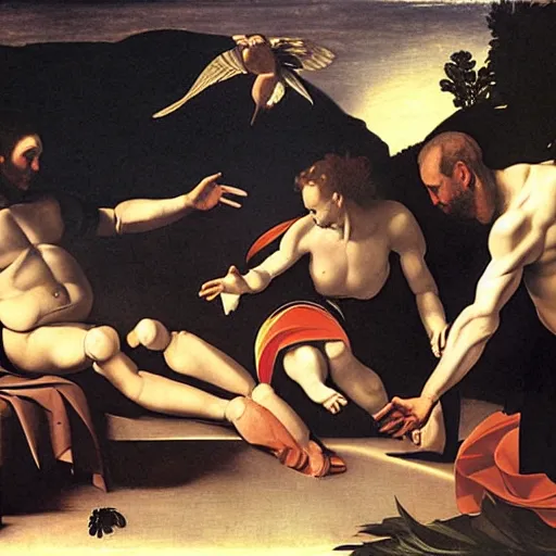 Image similar to the creation of adam by caravaggio with robots