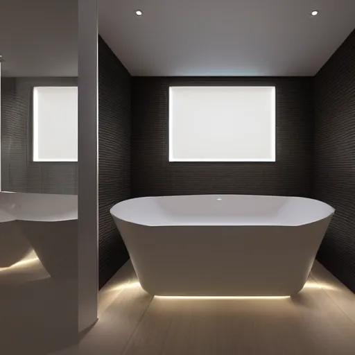 Image similar to bathroom with warm white led strip lighting, photorealistic, product render