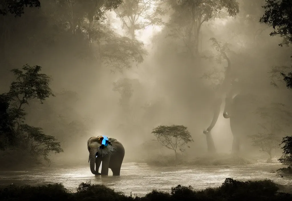 Image similar to an enormous charging elephant king, in a jungle with ominous light from above, ambient light, fog, river, very poetic