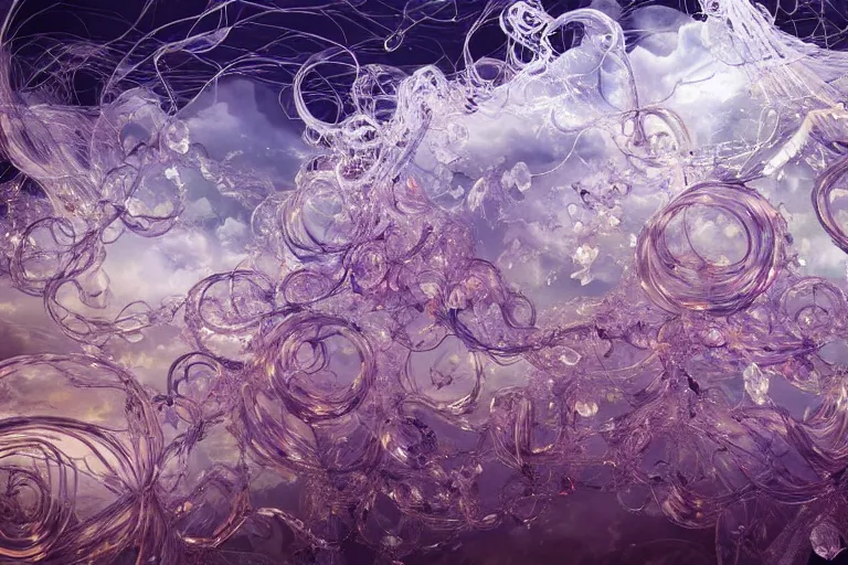 Prompt: simplicity, a flock of ornate twisting translucent puffy filigreed clouds tangled into large whirling ultra detailed clumps of crystal specimens, abstract environment, playful, award winning art, epic dreamlike fantasy landscape, ultra realistic,