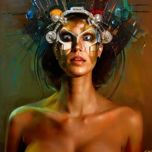 Image similar to portrait, headshot, digital painting, an beautiful techno - shaman lady in circuit electronic mask, realistic, hyperdetailed, chiaroscuro, concept art, art by john berkey