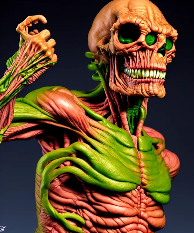 Image similar to hyperrealistic rendering, cronenberg flesh monster skeletor by art of skinner and richard corben and jeff easley, product photography, action figure, sofubi, studio lighting, colored gels