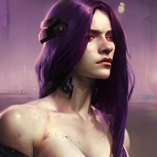 Prompt: very detailed masterpiece painting of a very beautiful caucasian young cyberpunk woman with dark purple hair, portrait, artstation, concept art by greg rutkowski