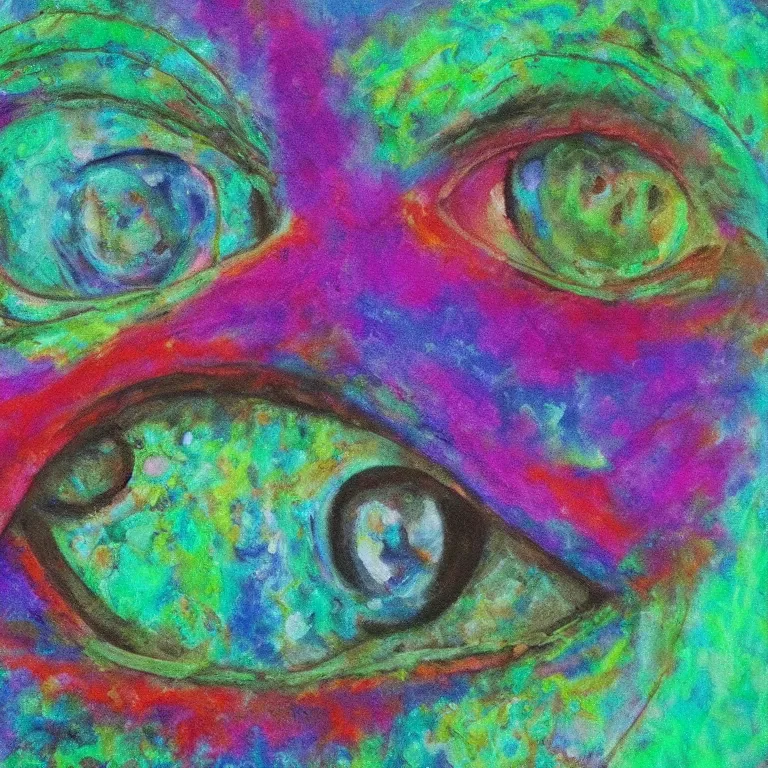 Prompt: human smiling meditating supreme peace immense knowledge infinite color dmt art cyan green black pair of eyes iris staring at viewer intense cosmic stare