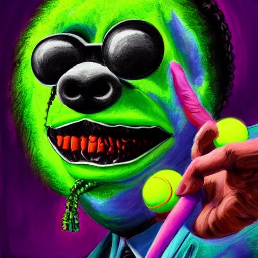 Image similar to snoop dogg tennis ball monster ,tennis ball, colorful, digital art, fantasy,chalk, magic, trending on artstation, ultra detailed, professional illustration by Basil Gogos