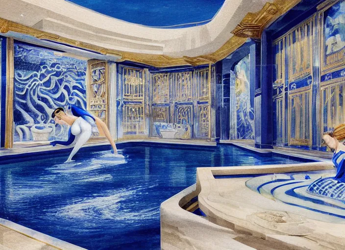 Prompt: modern chic futuristic royal blue and white onsen (Japanese bath house) with gold intricate details at Pamukkale, thermal waters flowing down white travertine terraces, dozen beautiful women wearing sweet dresses, ethereal anf dreamy, intricate, elegant, luxurious, digital painting, concept art, smooth, sharp focus, from Star Trek 2021, illustration, by WLOP and Ruan Jia and Mandy Jurgens and William-Adolphe Bouguereau, Artgerm