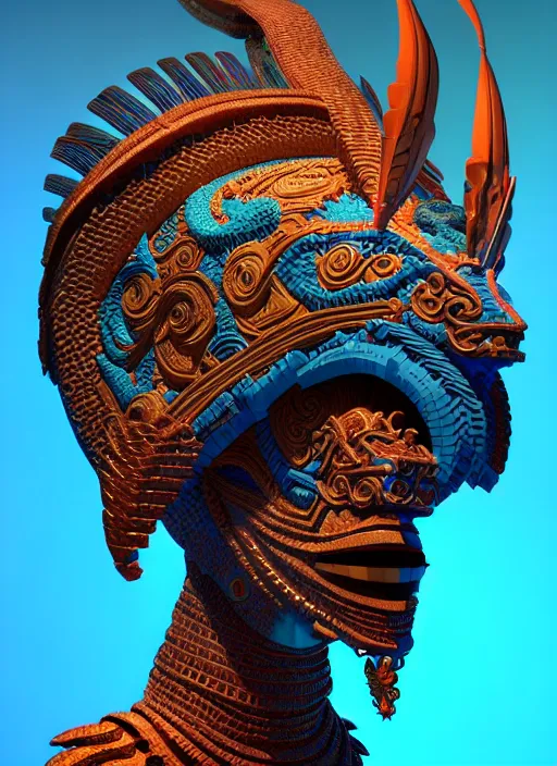 Image similar to 3 d mayan goddess profile portrait. beautiful intricate highly detailed quetzalcoatl helmet and feathers. low - key lighting, bioluminescent, plasma, lava, ice, water, wind, creature, thunderstorm! artwork by tooth wu and wlop and beeple and greg rutkowski, 8 k trending on artstation,