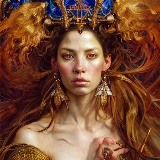 Prompt: highly detailed portrait of a majestic lioness queen in the form of a beautiful woman. d & d. art by donato giancola, eugene delacroix, ruan jia, carl larsson, peter mohrbacher. trending on artstation, intricate details, energetic composition, golden ratio, concept art, illustration, elegant art, global illuminaition