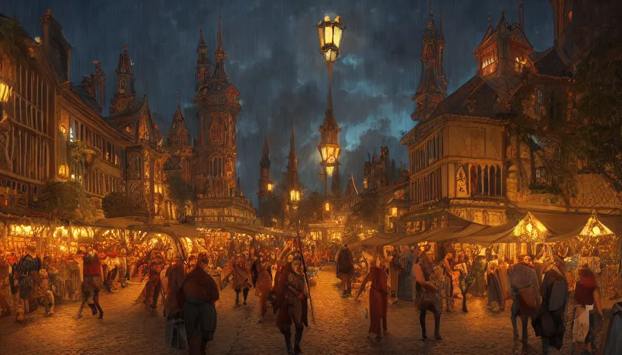 Image similar to medieval city festival near lake at night, beautiful lit lamps, 8 k highly detailed art, intricate, stanley lau, artgerm, artstation, smooth, far shot, wlop, alphonse mucha, cinematic shot, cinematic lighting