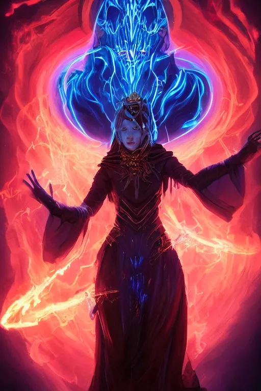 Image similar to a fancy portrait of a beautiful dark magician women covered in deep blue flames flames by Greg Rutkowski, Sung Choi, Mitchell Mohrhauser, Maciej Kuciara, Johnson Ting, Maxim Verehin, Peter Konig, final fantasy , mythical, 8k photorealistic, cinematic lighting, HD, high details, atmospheric,