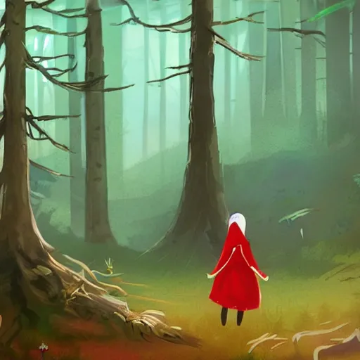 Image similar to a little red riding a horse through a forest, a storybook illustration by nina tryggvadottir, pixiv contest winner, environmental art, 2 d game art, storybook illustration, concept art