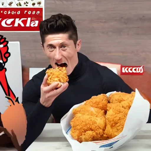 Image similar to a still frame of robert lewandowski during a huge kfc chicken food mukbang