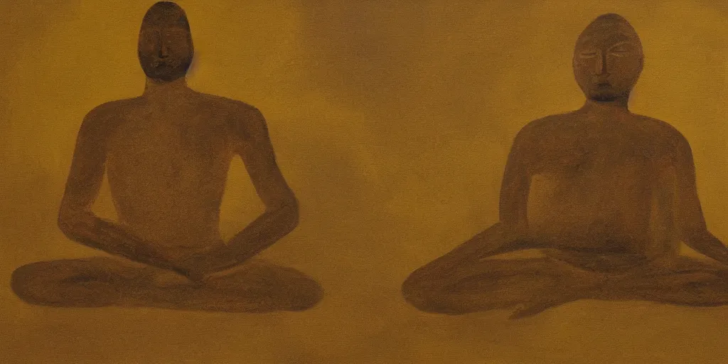 Image similar to a paiting of a golden faceless man in meditation position