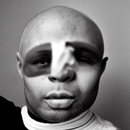 Prompt: bald thug hitting himself in the face, old black and white photo