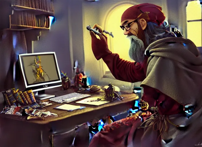 Prompt: matte oil painting, side view of a fantasy wizard using a pc, as a dnd character, sitting inside a cluttered bedroom, retro 6 0 s computer, wearing a nightcap, long white beard, medieval, extremely detailed, digital illustration, concept art, readability, smooth, sharp focus, art by brothers hildebrandt