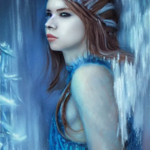 Image similar to ‘ icewind dale ’ themed womanly portrait by ‘ justin sweet ’, frost blue mask, falling snow, soft focus, oil paint,