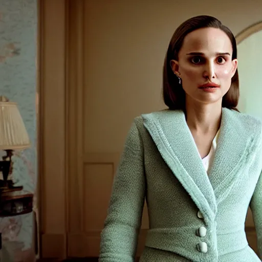 Image similar to Portrait of Natalie Portman in a Wes Anderson movie, 4k cinematic quality, bluray image