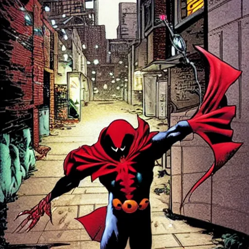 Prompt: Spawn (Al Simmons), from the comic-book Spawn, selling flowers in an alley at night, comic book, by Todd MacFarlane