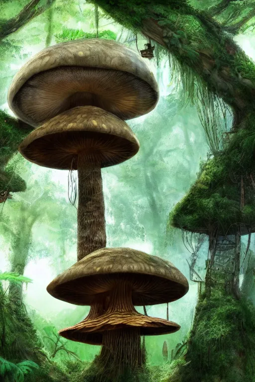 Image similar to a tree house in the jungle, big mushroom growing on tree trunk, by alba ballesta gonzalez and robbie trevino. 4 k wallpaper, digital 2 d, illustration. extremely detailed, cinematic lighting, smooth sharp focus.