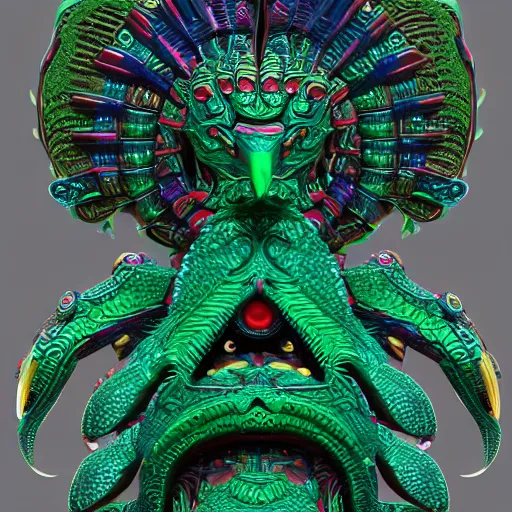 Image similar to a quetzalcoatl, trending on artstation, highly detailed, 8k, beautiful, dynamic lighting, detailed face, ornate armor, crochet skin