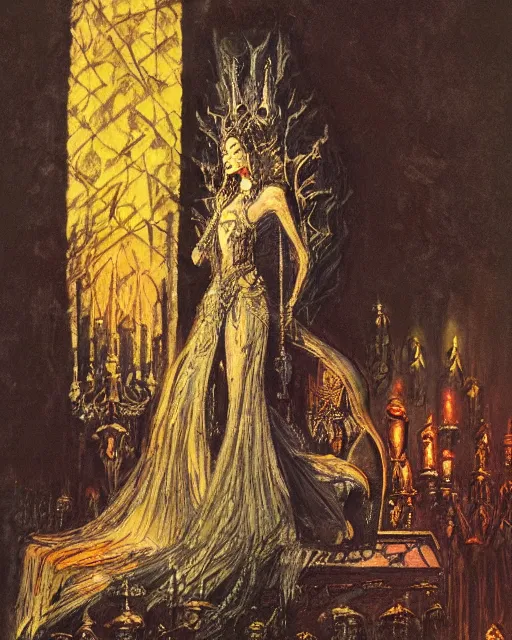 Image similar to an illustration of a dark queen on a throne at night by marc davis and by gustave moreau, realistic, gouache, painting