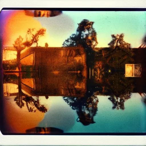 Prompt: polaroid of a beautiful gasoline puddle, reflection, pareidolia, cinematographic