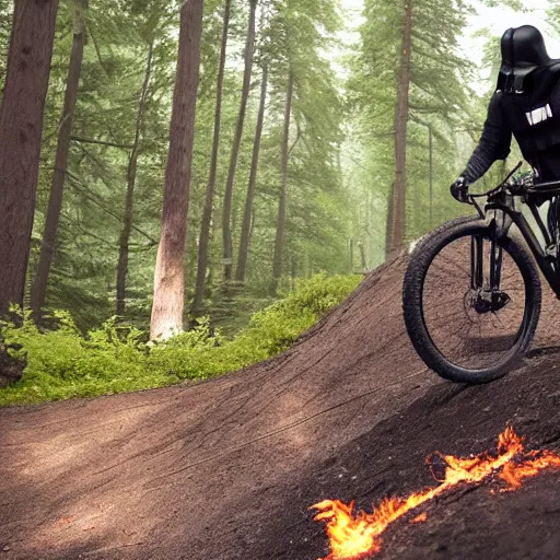 Image similar to darth vader ist riding a mountainbike fast through a burning forrest