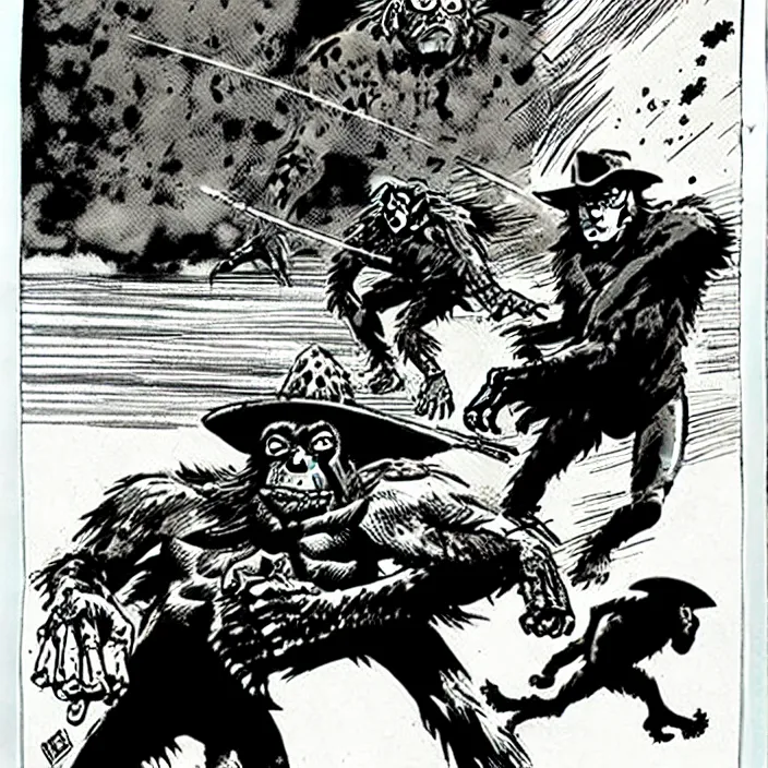 Image similar to sergio toppi art style, futuristic cowboys fighting apes