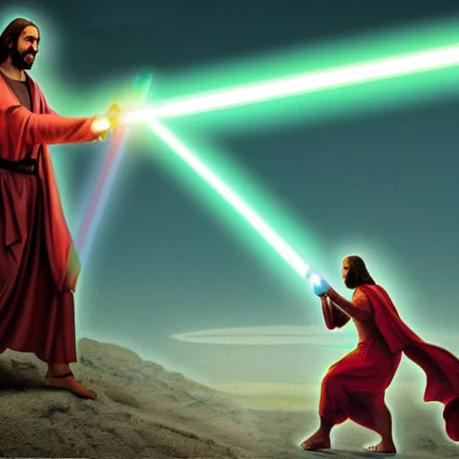 Prompt: Jesus Vs Moses lightsaber fight matte painting vibrant lights beautiful colours