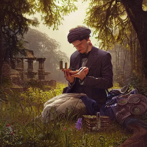 Image similar to intricate detailed portrait painting of a young man putting on tefillin in a beautiful forest meadow, temple ruins surrounded by lush forest, afternoon, intricate, elegant, highly detailed, digital painting, sharp, focus, illustration art by artgerm and greg rutkowski and alphonse mucha