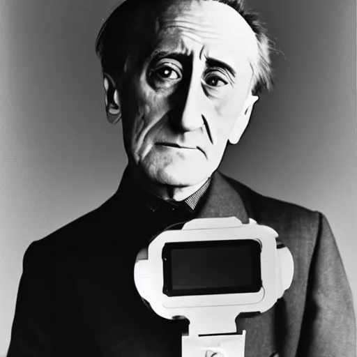 Image similar to Kodachrome portrait of Marcel Duchamp with an technologival machine, archival pigment print in the style of Hito Steyerl, studio shooting, contemporary art