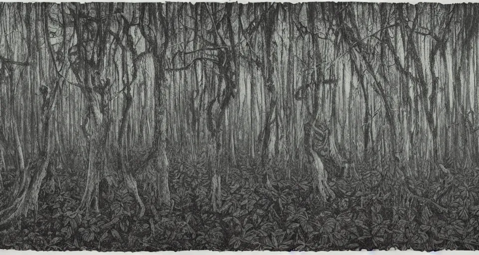 Image similar to A dense and dark enchanted forest with a swamp, by Zeng Fanzhi