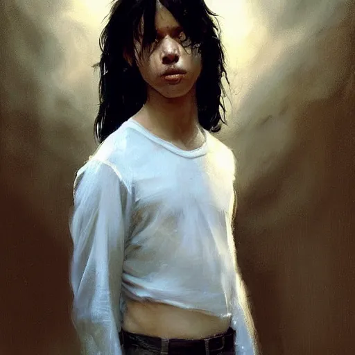 Image similar to a latino 1 5 year old boy with long black hair opens a dark portal to the void. dramatic. cinematic. detailed. sharp. photo realistic. realism. repin. phil hale. krenz cushart