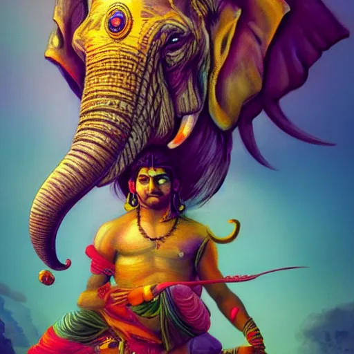 Prompt: lord shiva attaching an elephant head on a human subject, vivid and colorful, cinematic, highly detailed, artstation