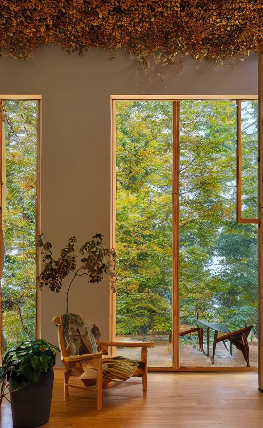 Prompt: interior photograph of an autumn themed house with trees growing inside