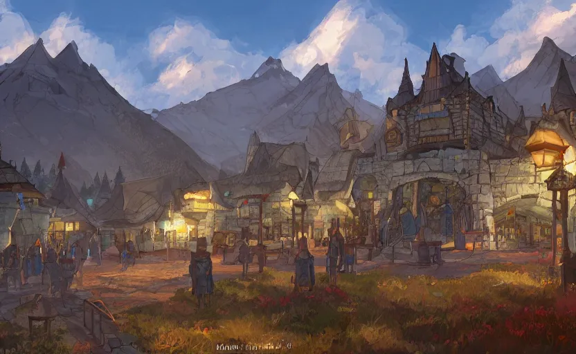 Image similar to whiterun in the style of pixar, disney, animated, cartoon, concept art, key art