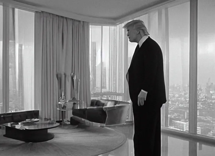 Image similar to screenshot cinematic wide shot from moody scene of Donald Trump pensive in trump tower apartment, from the film High and Low, 1963 directed by Akira Kurosawa, kodak film stock, black and white, anamorphic lens, 4K, detailed, stunning cinematography and composition shot by Takao Saito, 70mm