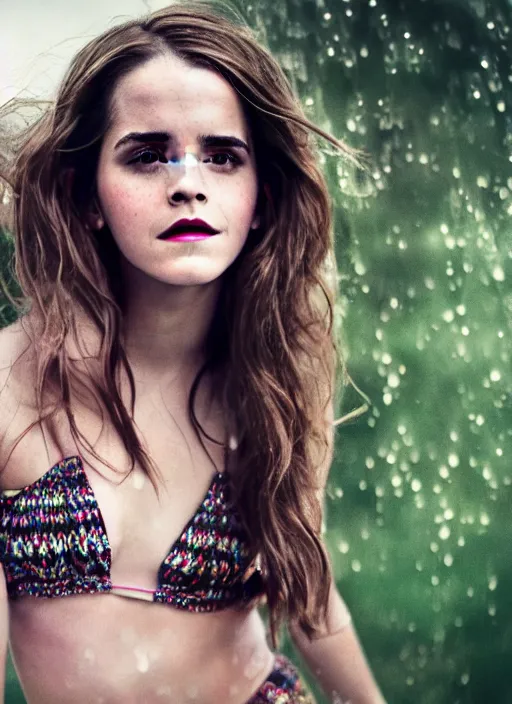 Image similar to Emma Watson for Victorian Secret, perfect face, hot summertime hippie in the rain, psychedelic swimsuit, full length shot, XF IQ4, 150MP, 50mm, f/1.4, ISO 200, 1/160s, natural light, Adobe Photoshop, Adobe Lightroom, DxO Photolab, Corel PaintShop Pro, rule of thirds, symmetrical balance, depth layering, polarizing filter, Sense of Depth, AI enhanced