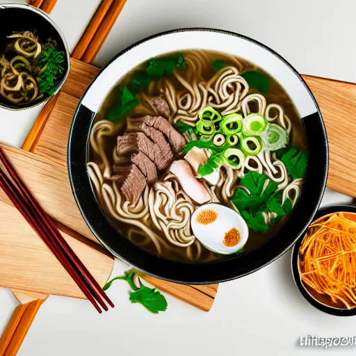 Image similar to flatlay realistic photo of delicious pho, ramen, highly detailed, natural light, 8 k hd, award winning, food photography, 3 5 mm,