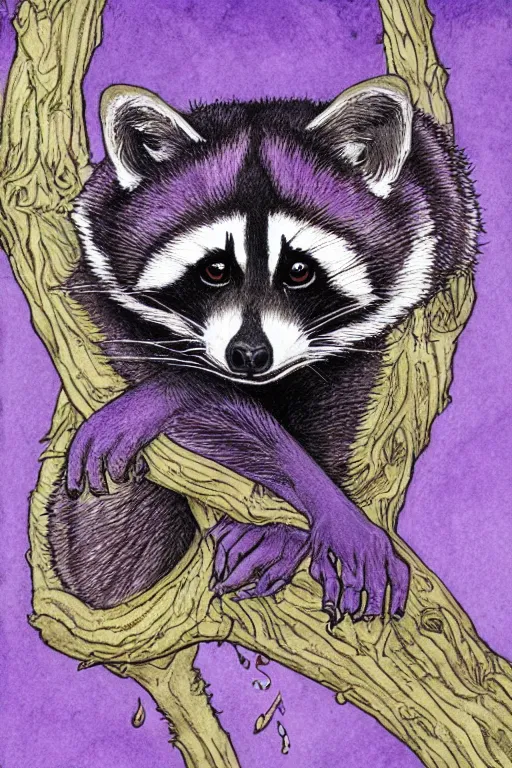 Image similar to purple stelar raccoon in the style of Rebecca Guay, high resolution 4k