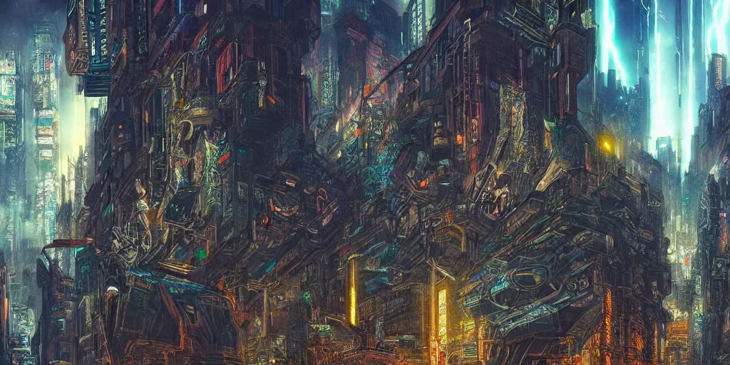 Prompt: Cyberpunk City in style of Gustave Moreau. Symbolism, Detailed Art, 8K, Epic, Dynamic Lightning.