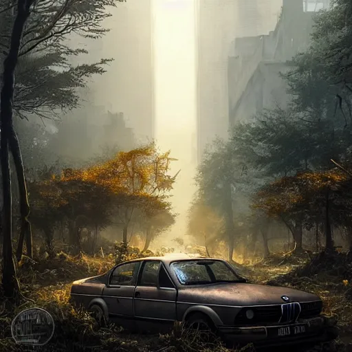 Image similar to postapocalyptic city of munich!!!, wild forest!!! vegetation!!!, small rubble!!, rusty bmw cars!!, hyperrealistic, highly detailed, cinematic, sunny foggy light, beautiful, cgssociety, artstation, 8 k, oil painting by greg rutkowski, by artgerm, by wlop